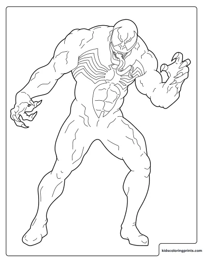 Venom Coloring Page Showing Venom Standing With Open Claws And Fierce Expression.