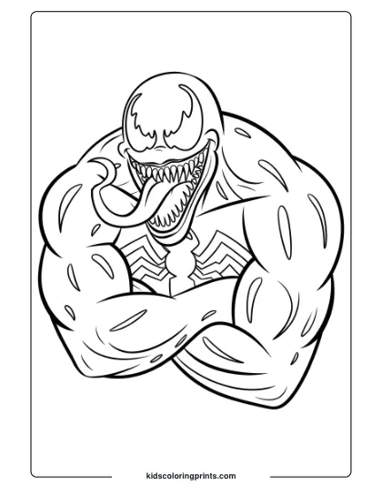 Venom The Funny Superhero Coloring Page, Showing Venom In A Cartoonish Flex Pose.