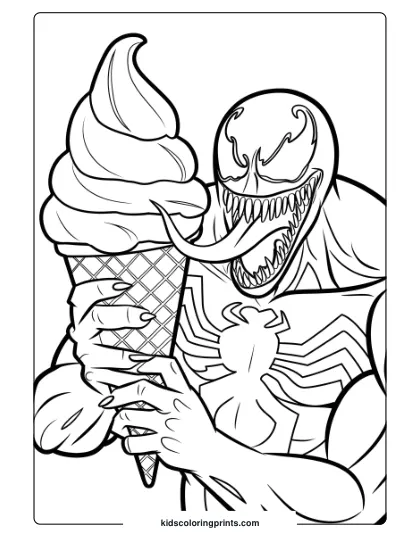 Venom’s Giant Ice Cream Cone Coloring Page, With Venom Holding A Large Cone.
