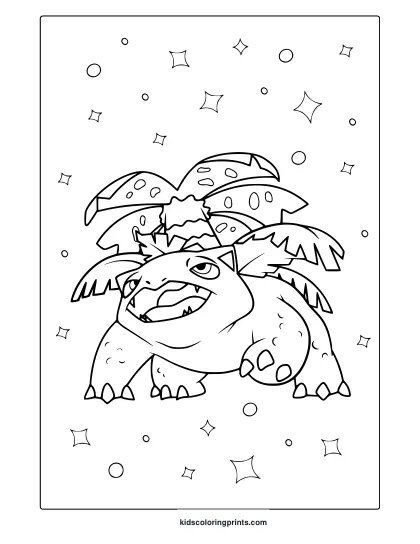 Venusaur With Star Accents In A Chunky, Cartoon Style Pokémon Coloring Page.