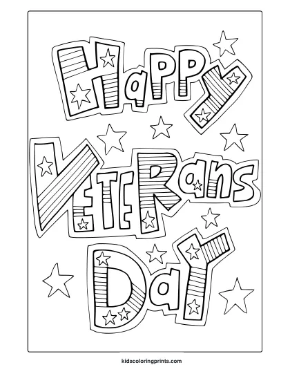 Veterans Day Coloring Page With Bold Striped Letters And Scattered Stars.
