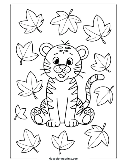 Autumn Tiger Coloring Page Featuring A Tiger Sitting With Scattered Fall Leaves Around It.