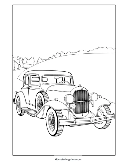 A Vintage Car With A Prominent Front Grille On A Hilly Road, A Perfect Vintage Car Coloring Page.
