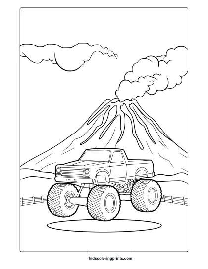 Monster Truck Jumping Near An Erupting Volcano, Dramatic And Bold Landscape For A Unique Coloring Page.