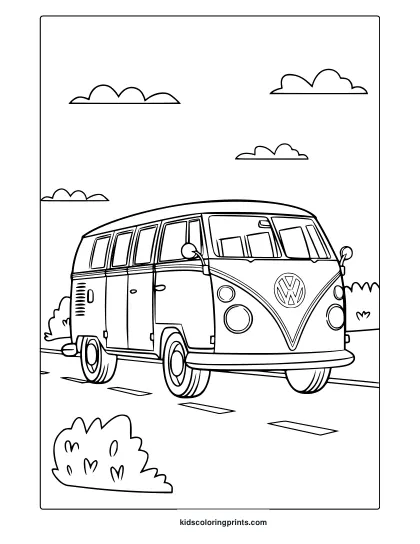 A Vw Kombi Van On A Quiet Road With Bushes, A Nostalgic Vw Kombi Coloring Page.