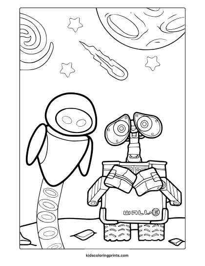 Wall-E And Eve Coloring Page Standing Together.