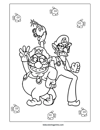 Coloring Page Of Wario And Waluigi With Cartoon Bombs And Playful Expressions.