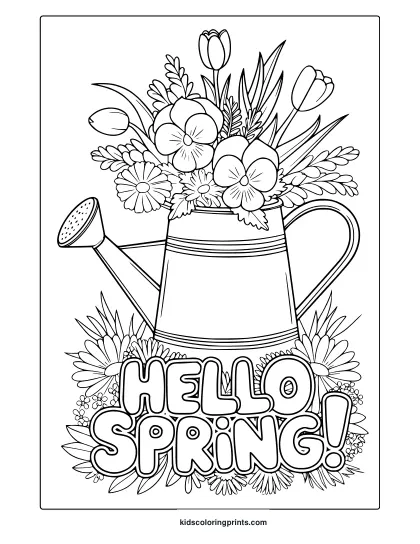 Spring-Themed Coloring Page With A Watering Can Full Of Flowers And &Quot;Hello Spring!&Quot; Text, Perfect For A Fun Coloring Activity.