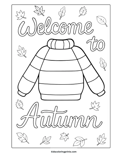 Autumn Sweater With Decorative Leaves And Welcome Text In A Fall Themed Coloring Page.