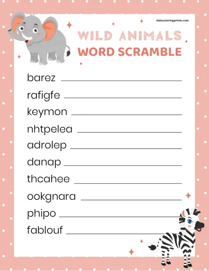 Free Printable Wild Animals Word Scramble For Adults And Kids Who Love Wildlife Challenges.