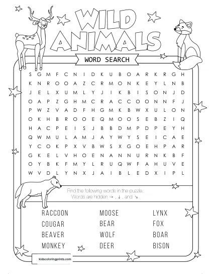 Free Printable Wild Animals Word Search Puzzle With 12 Animals From Bear To Monkey.