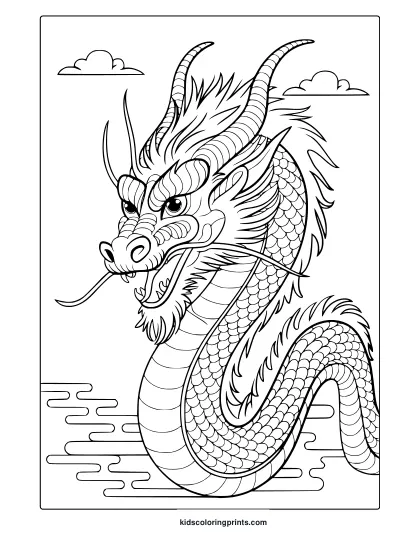 A Wild Dragon Coloring Page Showcasing A Powerful Dragon With A Coiled Tail And A Menacing Expression.