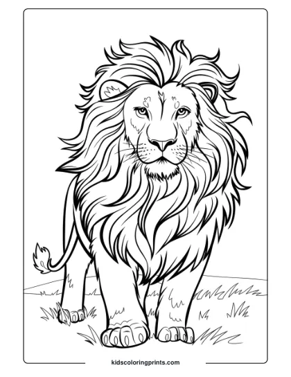 A Wild Lion With A Flowing Mane Standing In A Grassy Area, Perfect For Kids To Color In This Detailed Lion Coloring Page.