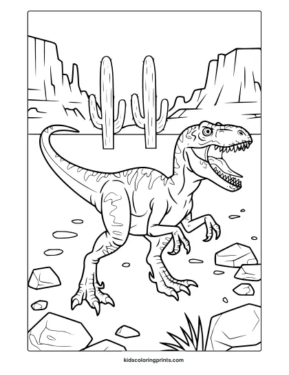 A Running T-Rex In A Desert Landscape Appears In This Action-Filled, Realistic Dinosaur Coloring Page.