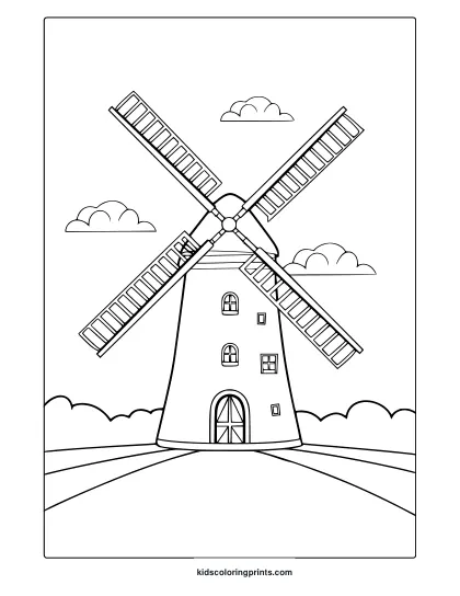 A Windmill Coloring Page Featuring A Traditional Windmill With A Cylindrical Body, Windows, A Door, And Clouds In The Background.