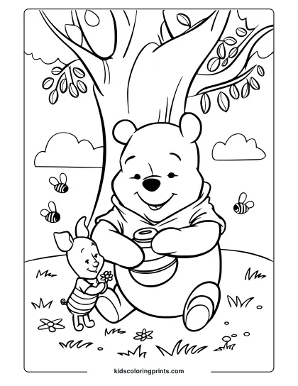 Relax With Winnie The Pooh And Piglet In A Serene Outdoor Scene Coloring Page.