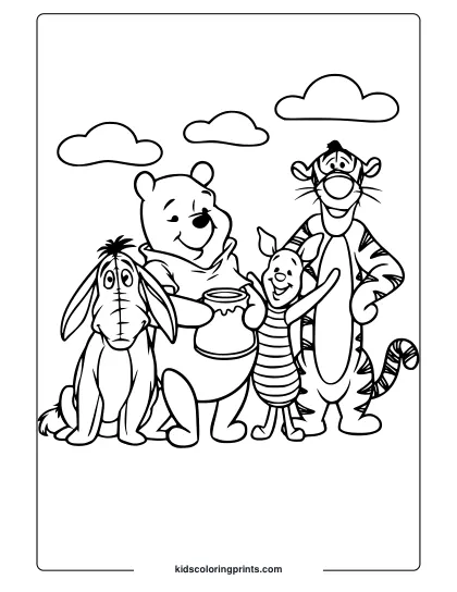 Coloring Page With Pooh, Piglet, Tigger, And Eeyore Standing Together In A Cheerful Outdoor Scene.