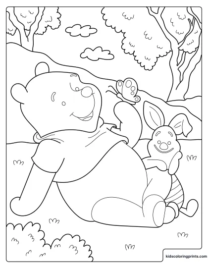 Winnie The Pooh Coloring Page Showing Pooh And Piglet Relaxing Under The Trees With A Butterfly.