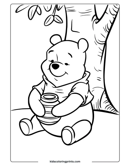 Simple And Peaceful Winnie The Pooh Coloring Page Under A Tree With A Honey Pot.