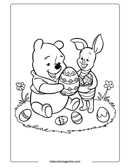 Easter Fun With Pooh And Piglet Holding Colorful Eggs Coloring Page.