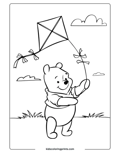 Winnie The Pooh With A Kite, Enjoying The Outdoors On A Sunny Day Coloring Page.