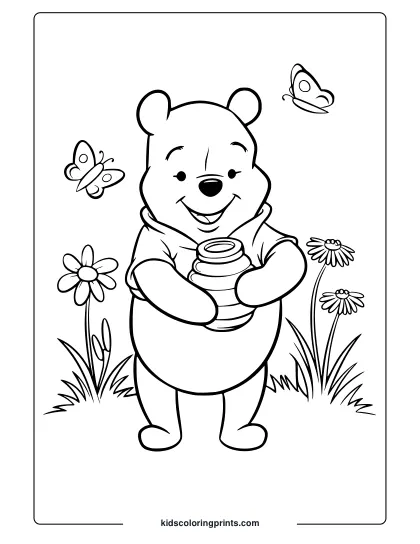 Pooh In A Meadow, Holding Honey And Enjoying The Peaceful Atmosphere Coloring Page.