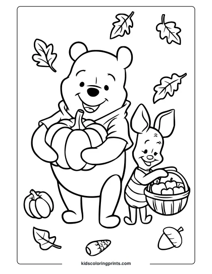A Festive Pooh And Piglet With Pumpkins And Autumn Leaves For Thanksgiving Coloring Page.
