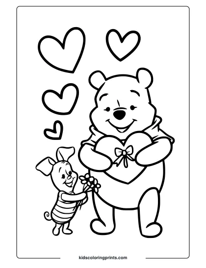 Winnie The Pooh And Piglet With Hearts And A Bouquet In This Valentine's Coloring Page.