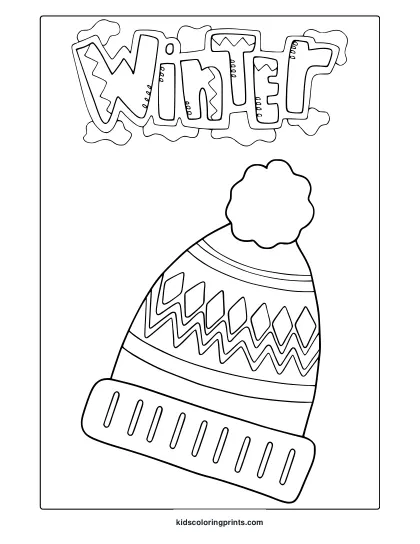 Winter Beanie Coloring Page With Pom Pom Hat, Ribbed Brim, Zigzag, And Diamond Patterns.