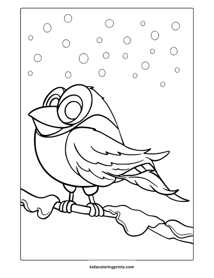 Winter Bird Coloring Page With Plump Bird On Branch And Falling Snow In Cartoon Style.