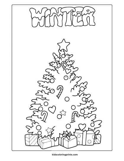 Winter Christmas Tree Coloring Page With Ornaments, Star Topper, Candy Canes, And Wrapped Presents.