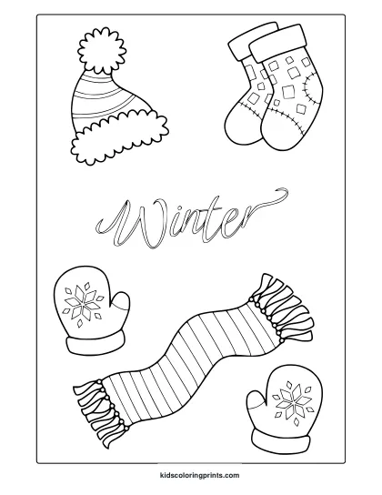 Winter Clothes Coloring Page With Hat, Mittens, Socks, And Scarf In Clean Bold Outlines.