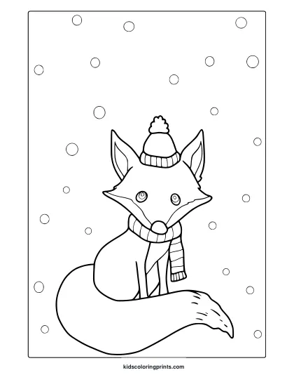 Winter Fox Coloring Page Featuring Cartoon Fox With Striped Beanie, Scarf, And Curled Tail.