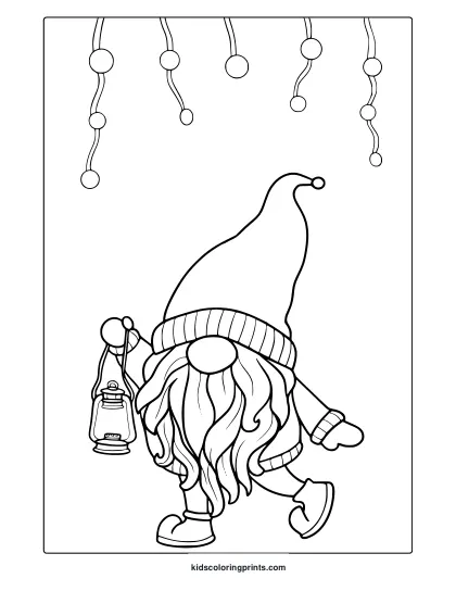 Winter Gnome Coloring Page With Tall Hat, Beard, Lantern, And Festive Icicle Decorations.