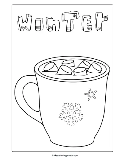 Winter Hot Chocolate Coloring Page With Marshmallows And Snowflake Designs On The Festive Mug.