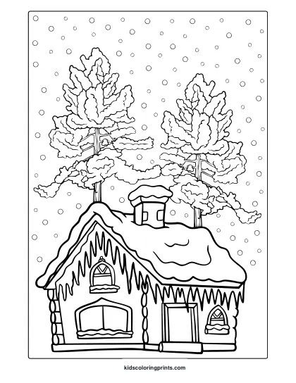 Winter House Coloring Page Featuring A Snow-Covered Cabin, Pine Trees, And Snowy Roof Details.