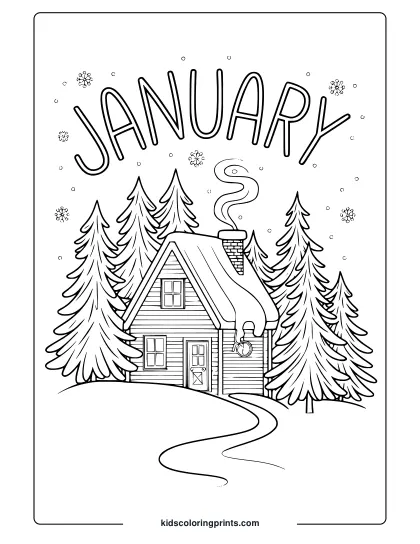 Cozy Winter House Surrounded By Snowy Pine Trees And “January” Text In This Winter-Themed Coloring Page.