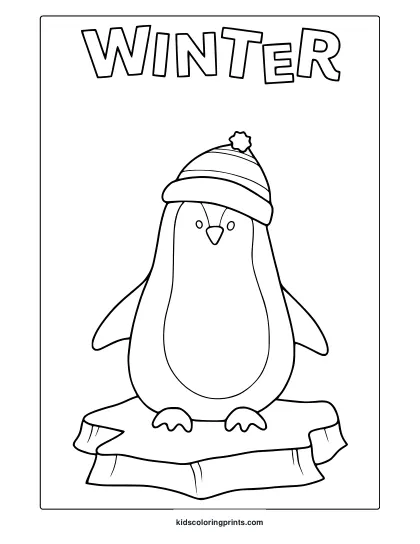 Winter Penguin Coloring Page With Striped Hat, Pom-Pom, And Simple Cartoon Design For Kids To Color.