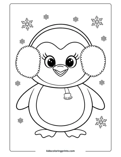 A Penguin With Ear Muffs And Snowflakes, Perfect For A Winter-Themed Coloring Page.
