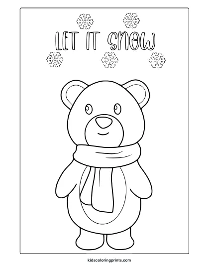Winter Polar Bear Coloring Page With Scarf And Snowflake Decorations In A Simple Cartoon Style.
