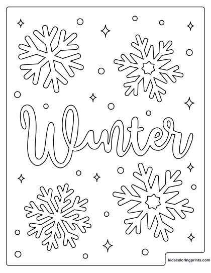 Winter Coloring Page Featuring Large Snowflakes, Stars, And Falling Snow Dots.