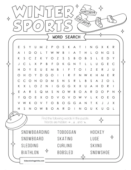 Free Printable Winter Sports Word Search Puzzle With 12 Activities From Skiing To Bobsled.