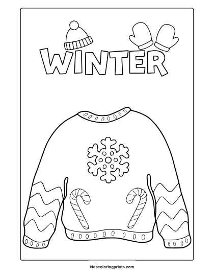 Winter Sweatshirt Coloring Page With Festive Snowflake And Candy Cane Designs In Bold Clean Outlines.