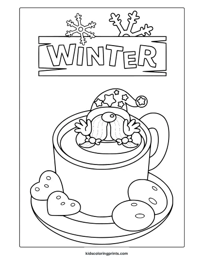 Winter Themed Coloring Page With Gnome In Mug, Santa Hat, Cookies, And Decorative Snowflakes.