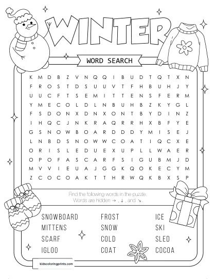 Free Printable Winter Word Search Puzzle With 12 Words From Snow To Sled.