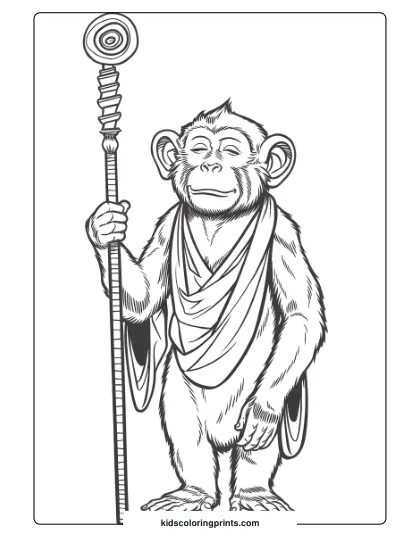 A Wise Monkey Coloring Page With A Calm Monkey Holding A Tall, Spiral-Topped Staff, Suggesting Wisdom.