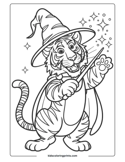 Wizard Tiger Coloring Page Showing A Tiger In A Hat, Casting Magical Spells With Sparkles Around.