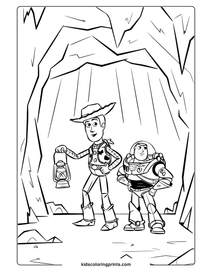 A Toy Story Woody And Buzz Coloring Page Featuring Them Exploring A Cave With Rocky Walls And Light Streaming From Above.