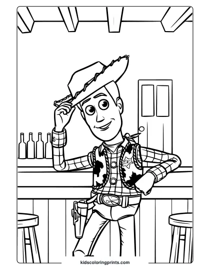 A Toy Story Woody Coloring Page Showing Him In A Saloon, Tipping His Hat With Bottles And A Bar In The Background.