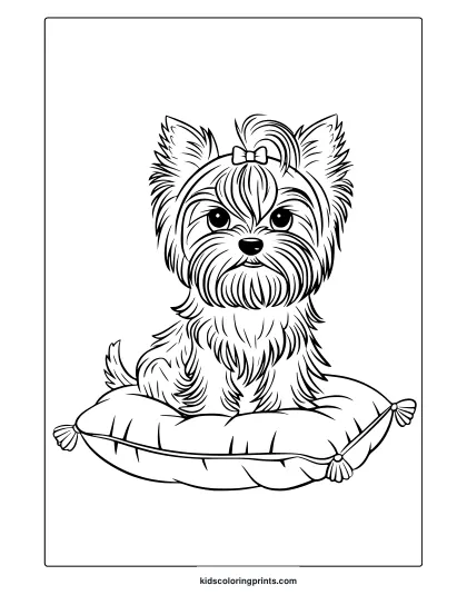 A Yorkshire Terrier Puppy On A Soft Cushion. A Stylish And Cute Yorkie Puppy Coloring Page For All.